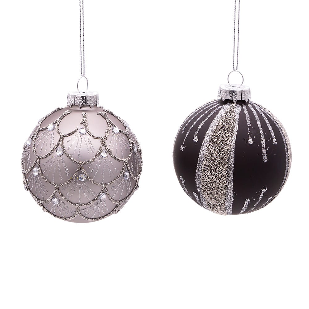 Shop For Kurt Adler 80MM Silver and Black Jeweled Glass Ball Ornaments, 6 Piece Set