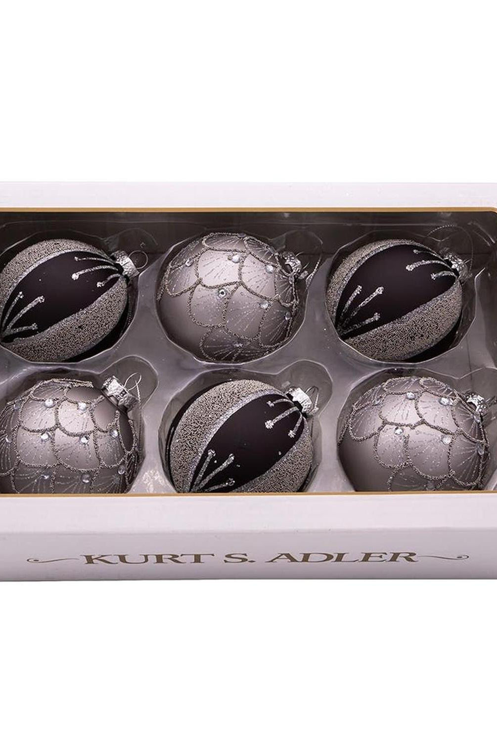Kurt Adler 80MM Silver and Black Jeweled Glass Ball Ornaments, 6 Piece Set