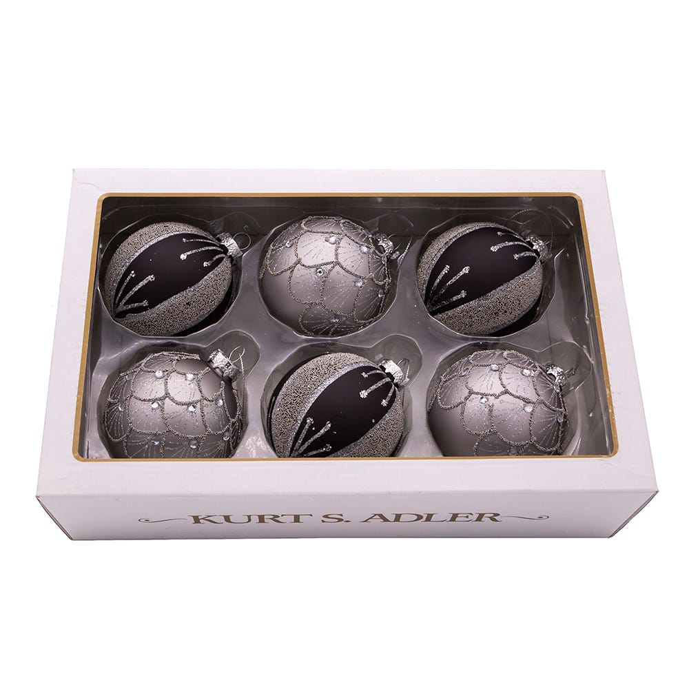 Shop For Kurt Adler 80MM Silver and Black Jeweled Glass Ball Ornaments, 6 Piece Set
