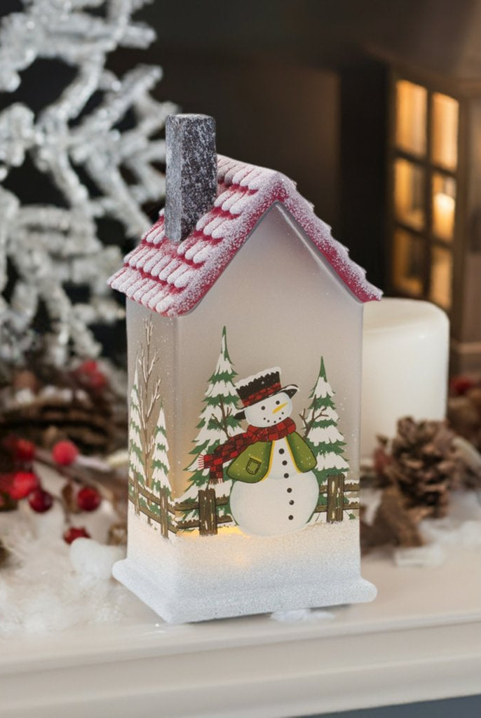 Shop For LED Glass Lighted House with Snowman (Set of 2) at Michelle's aDOORable Creations
