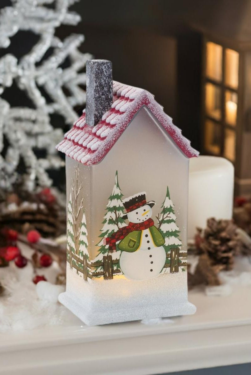 Shop For LED Glass Lighted House with Snowman (Set of 2) at Michelle's aDOORable Creations