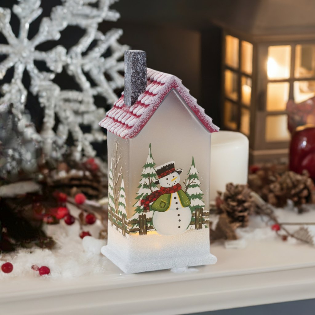 Shop For LED Glass Lighted House with Snowman (Set of 2) at Michelle's aDOORable Creations