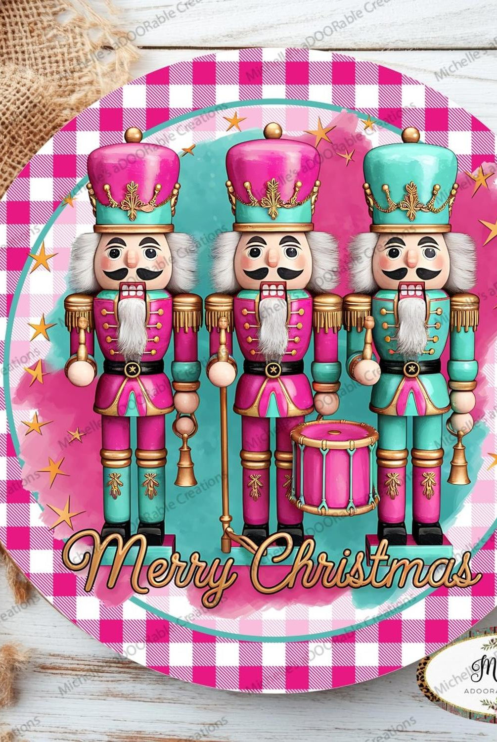 Merry Christmas Pink Teal Nutcracker Round Sign