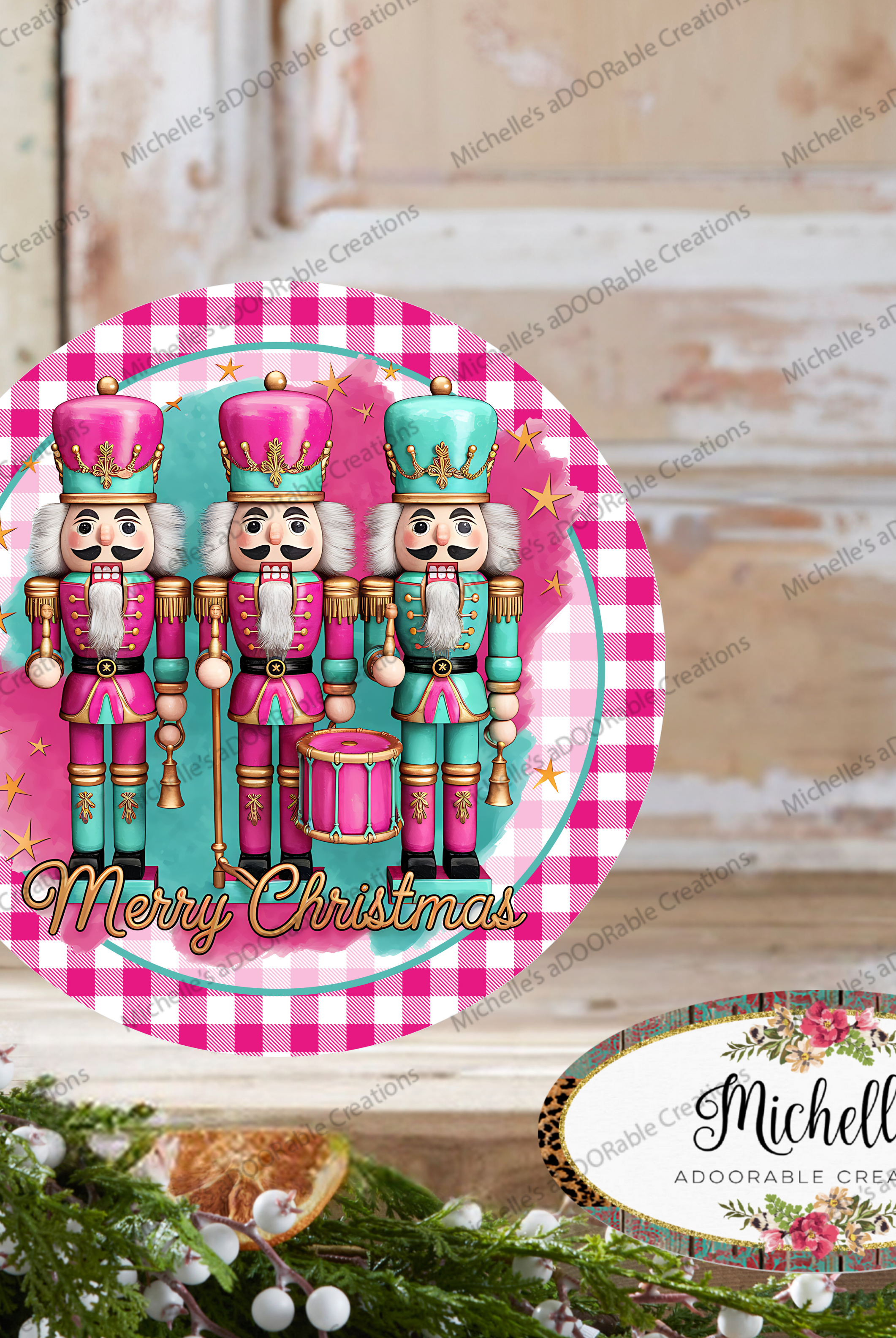 Shop For Merry Christmas Pink Teal Nutcracker Round Sign