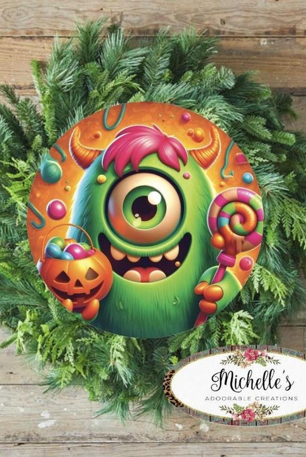 One Eyed Green Candy Halloween Monster Round Sign