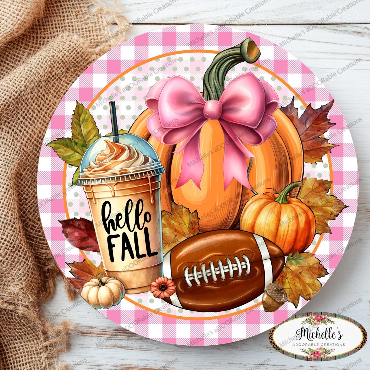 Shop For Pink Hello Fall Coffee Football Round Sign