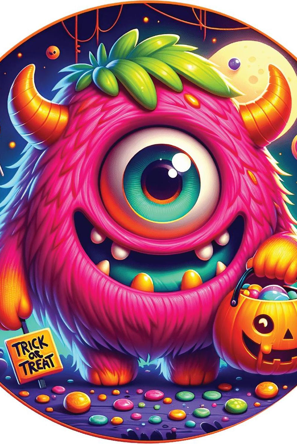Pink One Eyed Trick or Treat Monster Round Sign