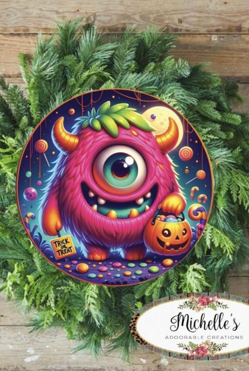 Pink One Eyed Trick or Treat Monster Round Sign