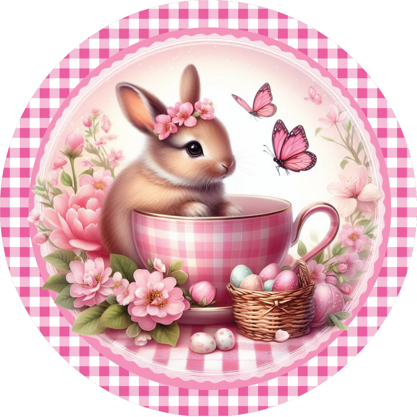 Shop For Pink Plaid Check Easter Spring Bunny Teacup Sign