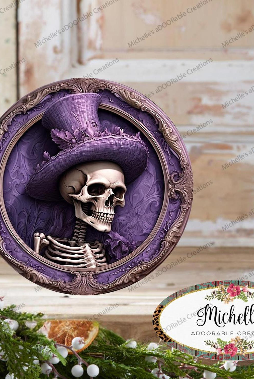 Purple Top Hat Skeleton Portrait Sign