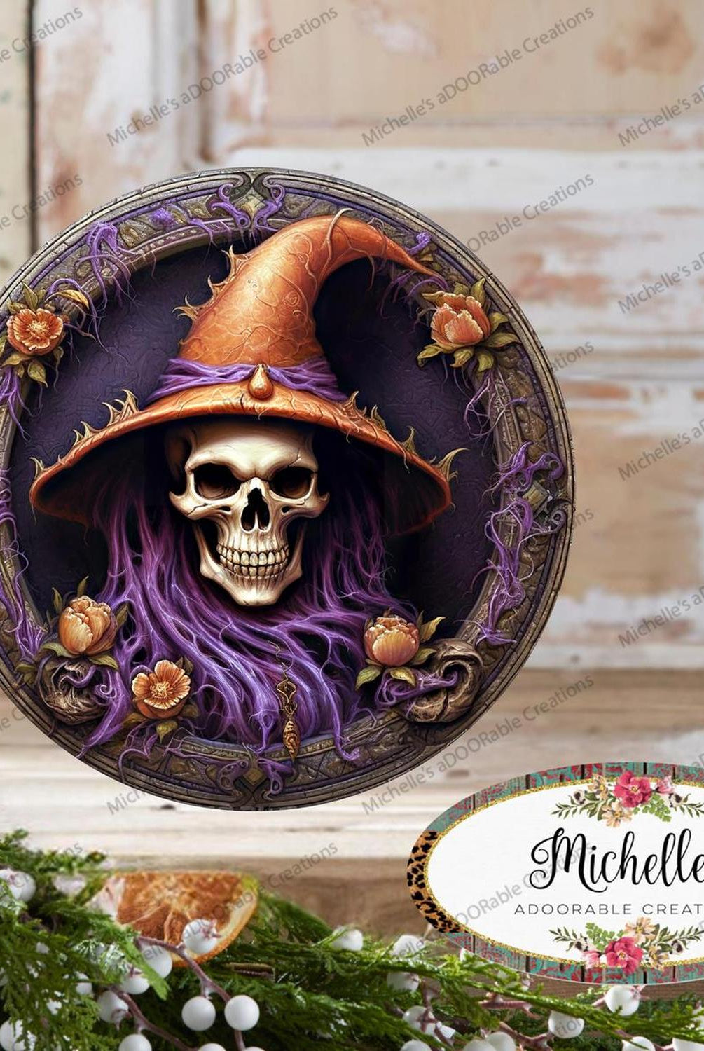 Purple Witch Portrait Skeleton Sign