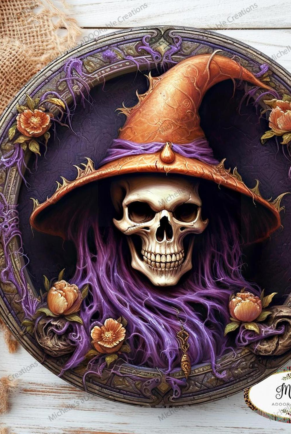 Purple Witch Portrait Skeleton Sign