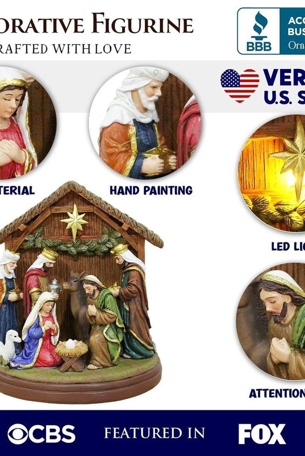 Radiant Nativity Scene Handcrafted Statue Figurine, 7" Birth of Jesus Christian Home Decoration