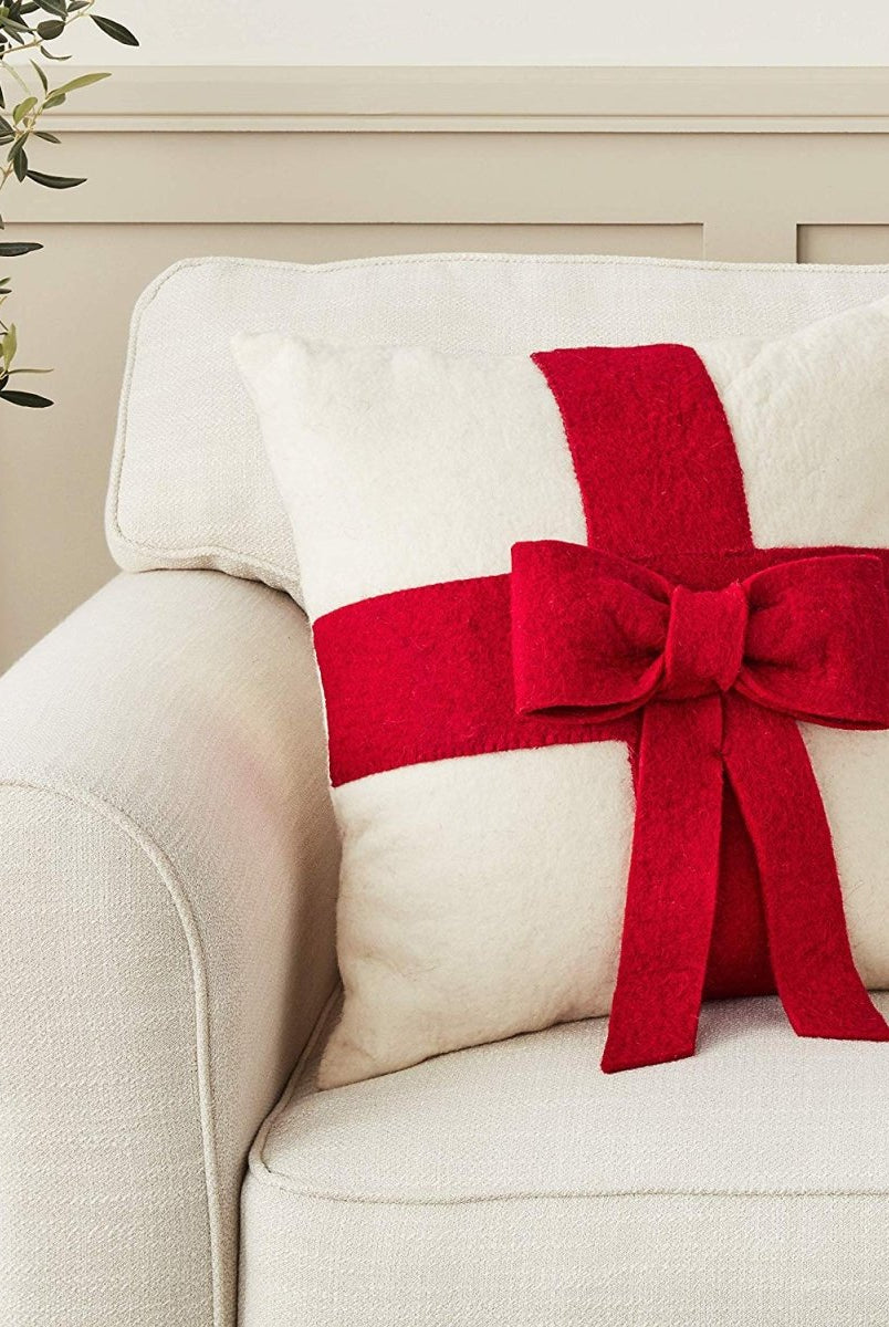 Shop For Red Bow Cream - Christmas Pillow Cover Hand Felted Wool - 20" / 14" Arcadia Home