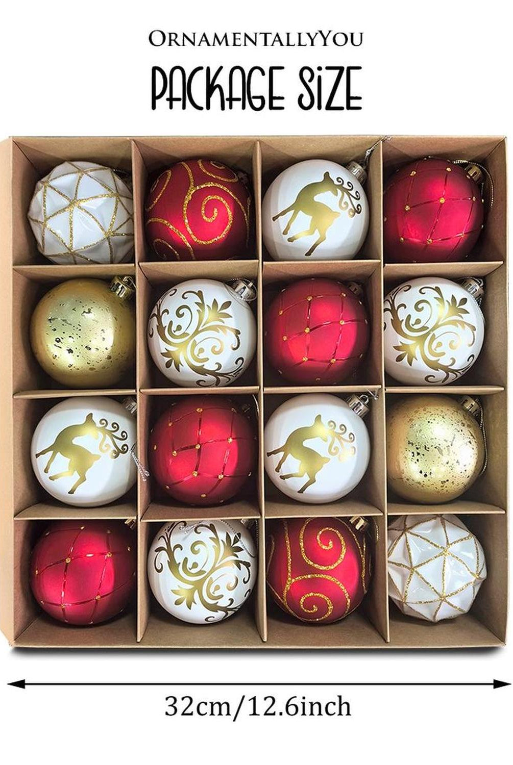 Charming Elegance Ornament Bundle 16 Piece Set, Red White and Gold with Glitter Premium Shatterproof