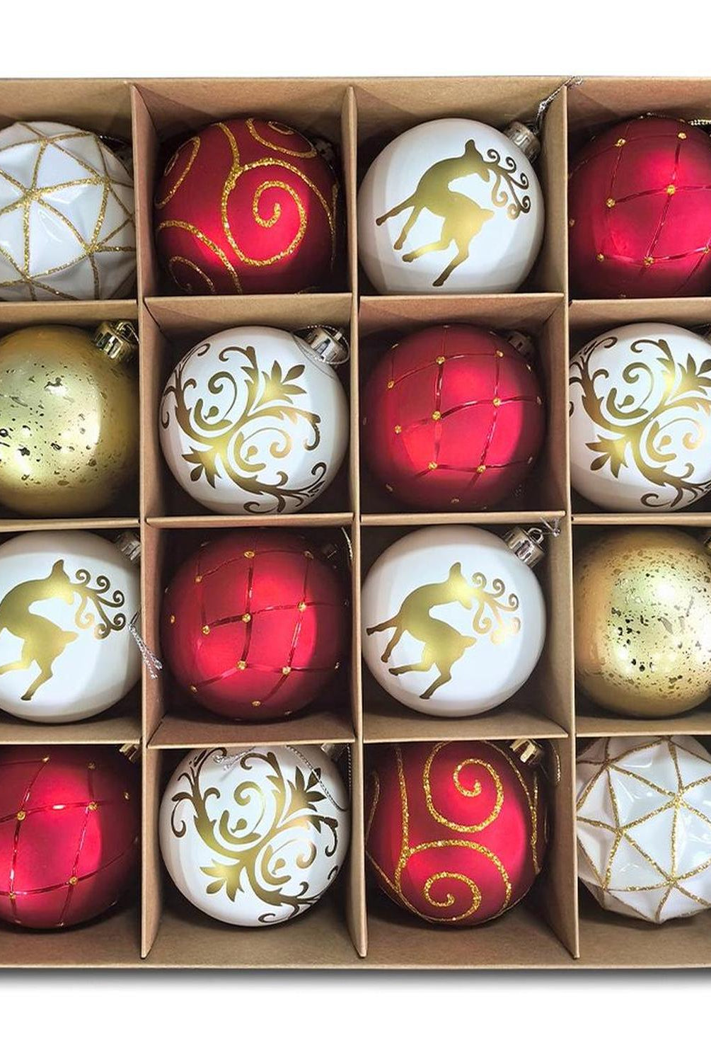 Charming Elegance Ornament Bundle 16 Piece Set, Red White and Gold with Glitter Premium Shatterproof