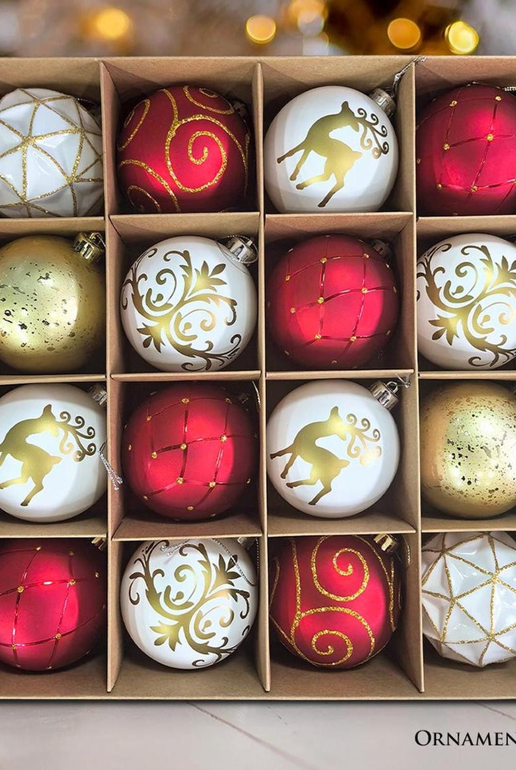 Charming Elegance Ornament Bundle 16 Piece Set, Red White and Gold with Glitter Premium Shatterproof