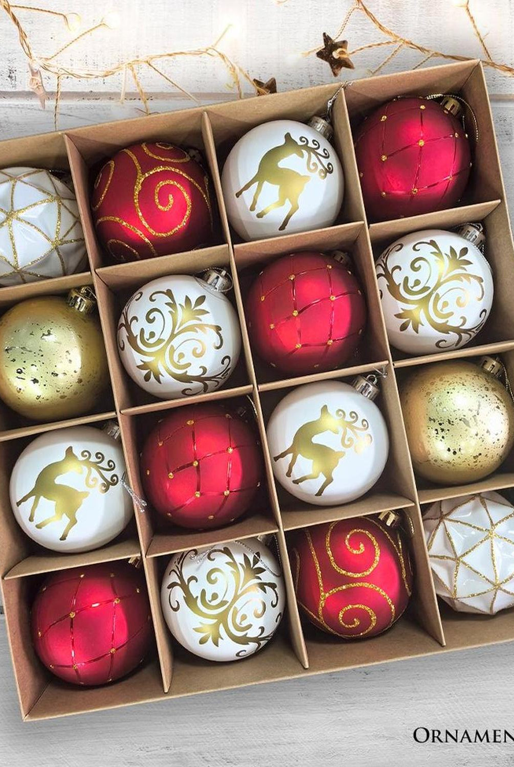 Charming Elegance Ornament Bundle 16 Piece Set, Red White and Gold with Glitter Premium Shatterproof