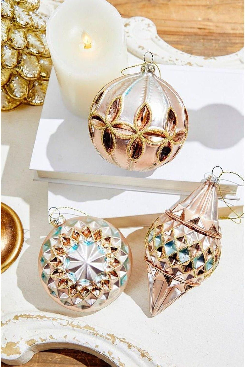 Shop For Reflector Pattern Champagne and Gold Glass Ornaments