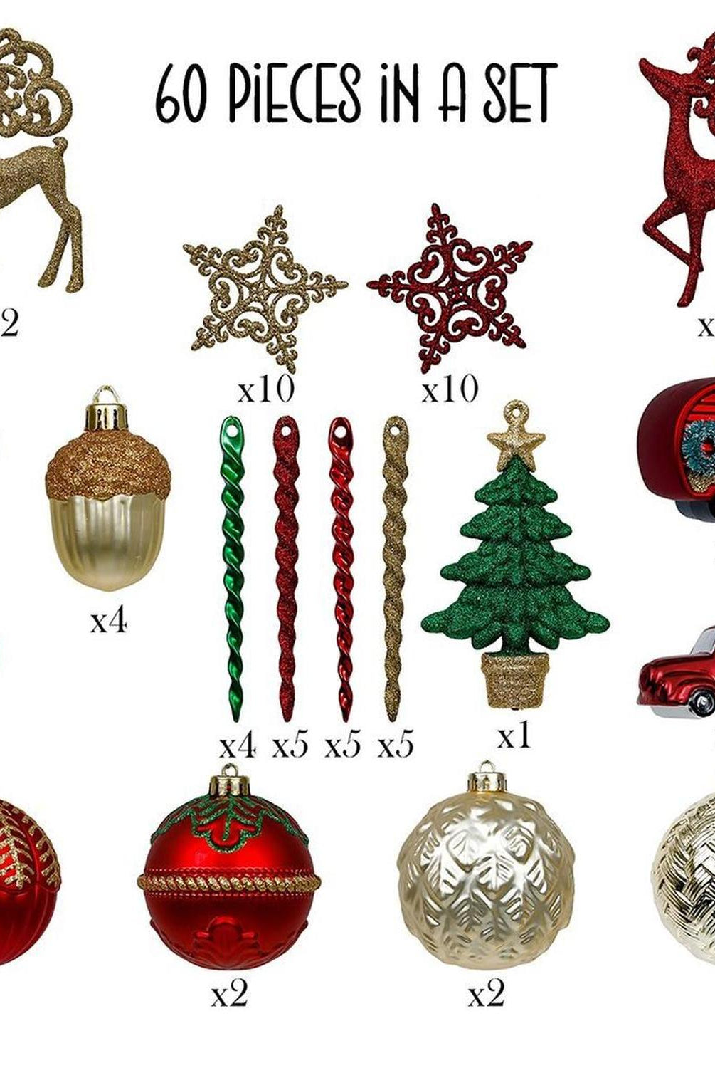 Rustic Christmas Ornament Bauble, 60 Piece Set
