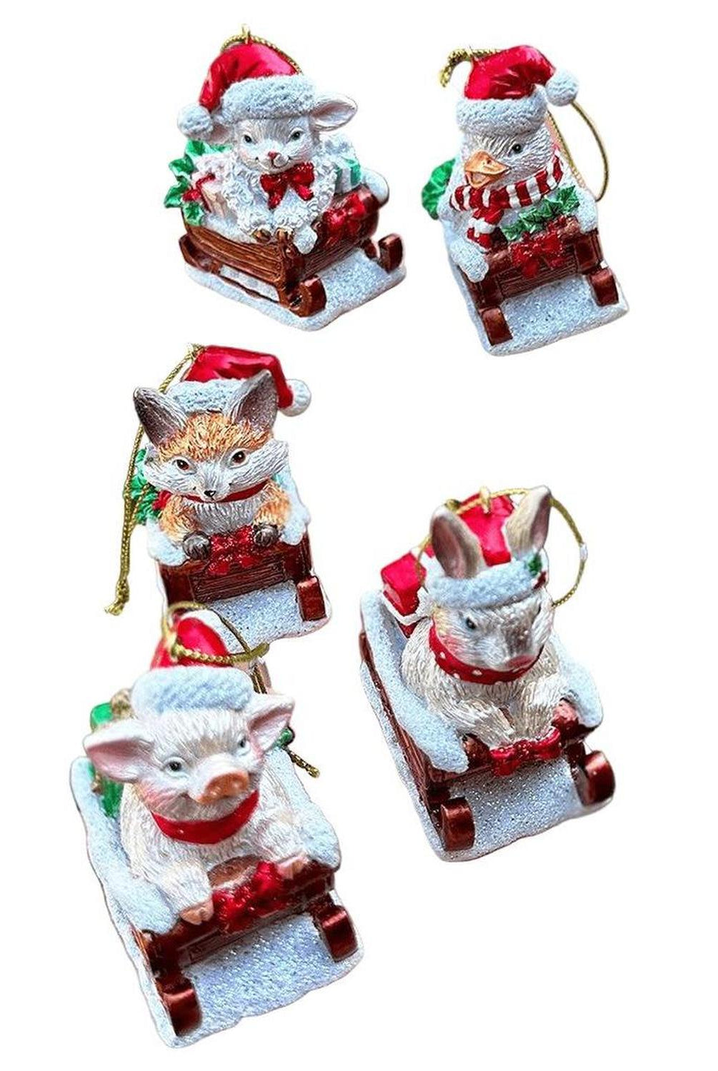 Sleigh-Borne Animal Ornaments, Set of 5