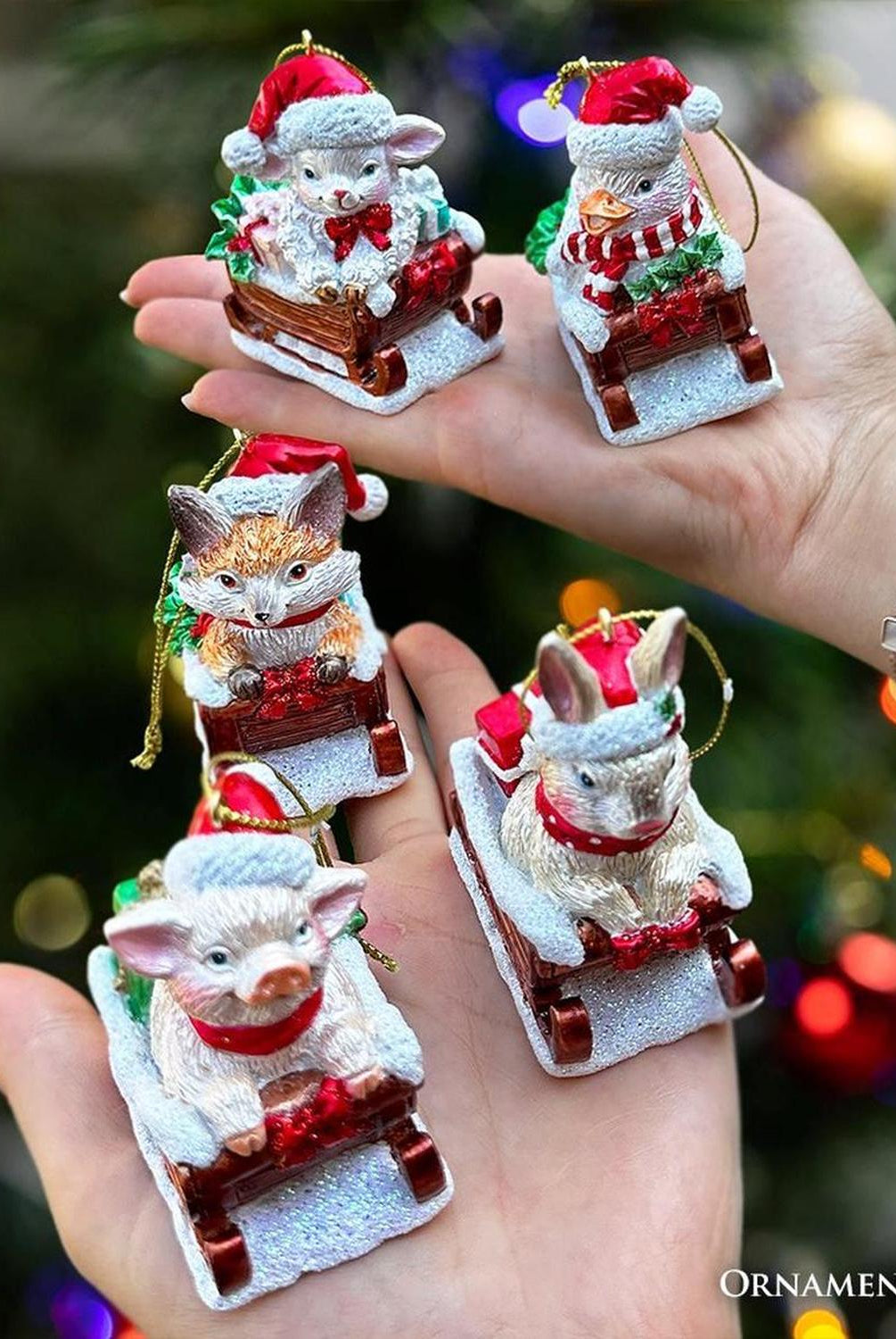 Sleigh-Borne Animal Ornaments, Set of 5