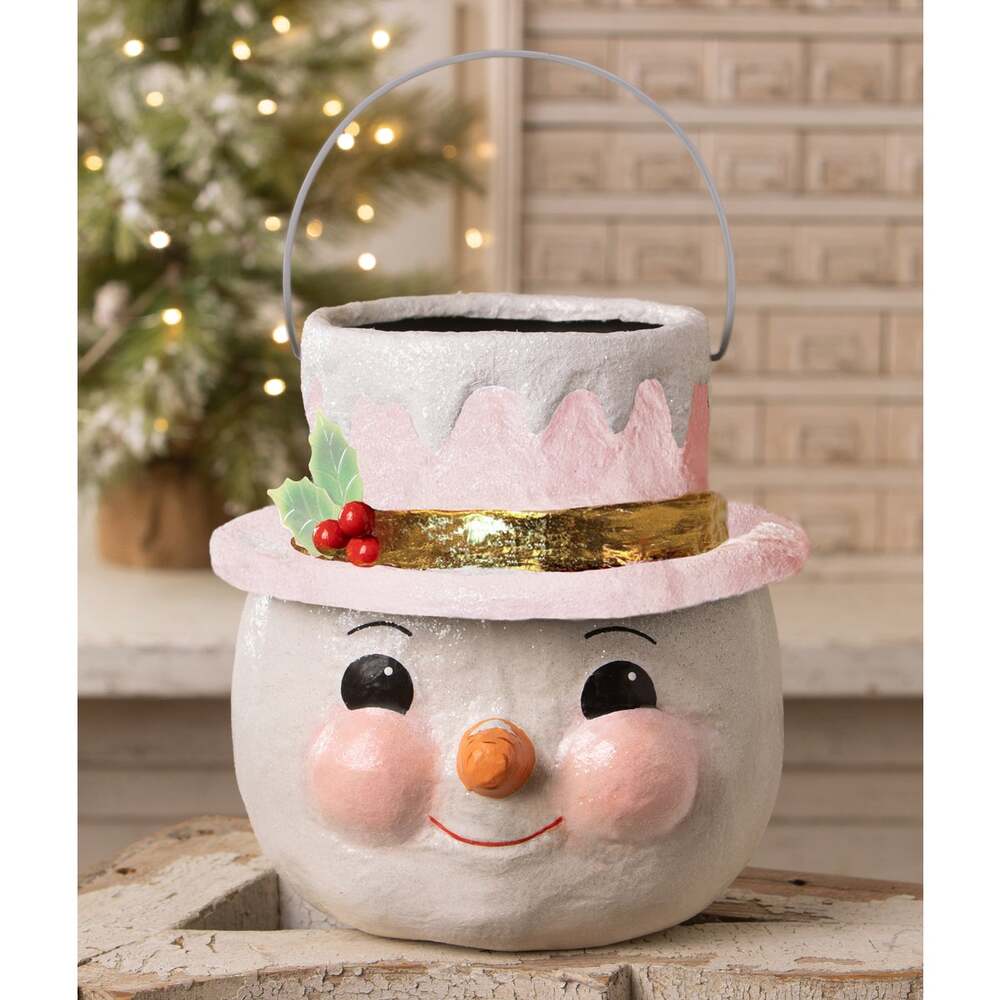 Small Pastel Holly Hat Snowman Bucket