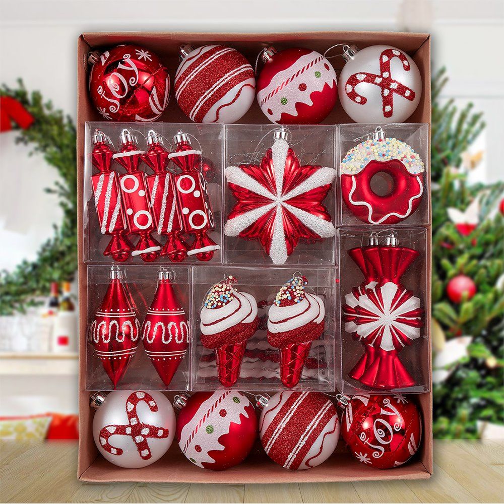 Shop For Sweets and Candy Theme Christmas Ornament Bundle, Assorted 60 Bauble off Candies, Ice Cream, Donut, and Glittery Round Balls
