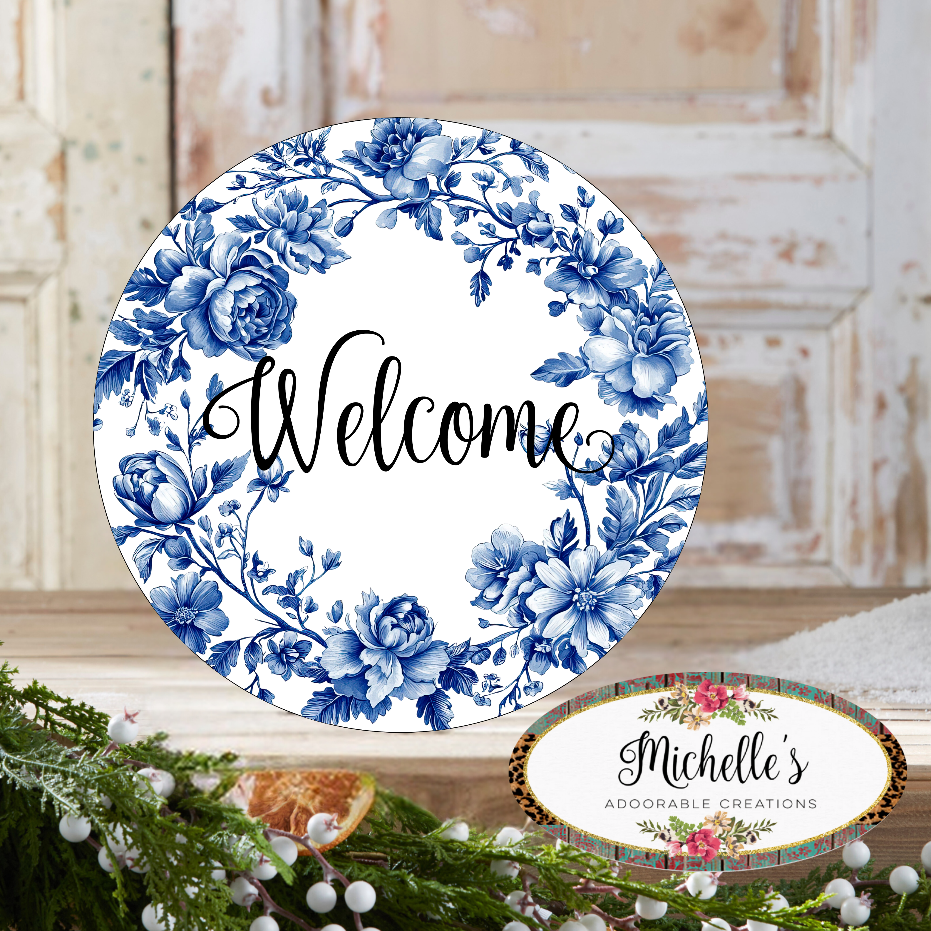 Shop For Welcome Blue Floral Round Sign