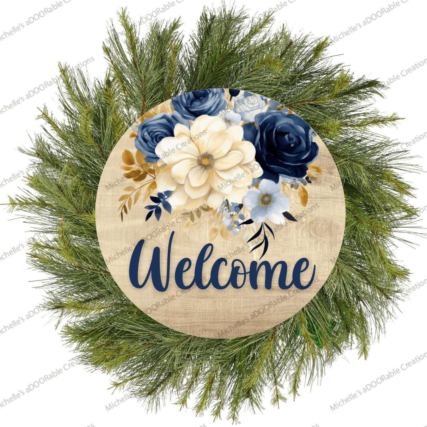 Shop For Welcome Blue Watercolor Floral Round Sign