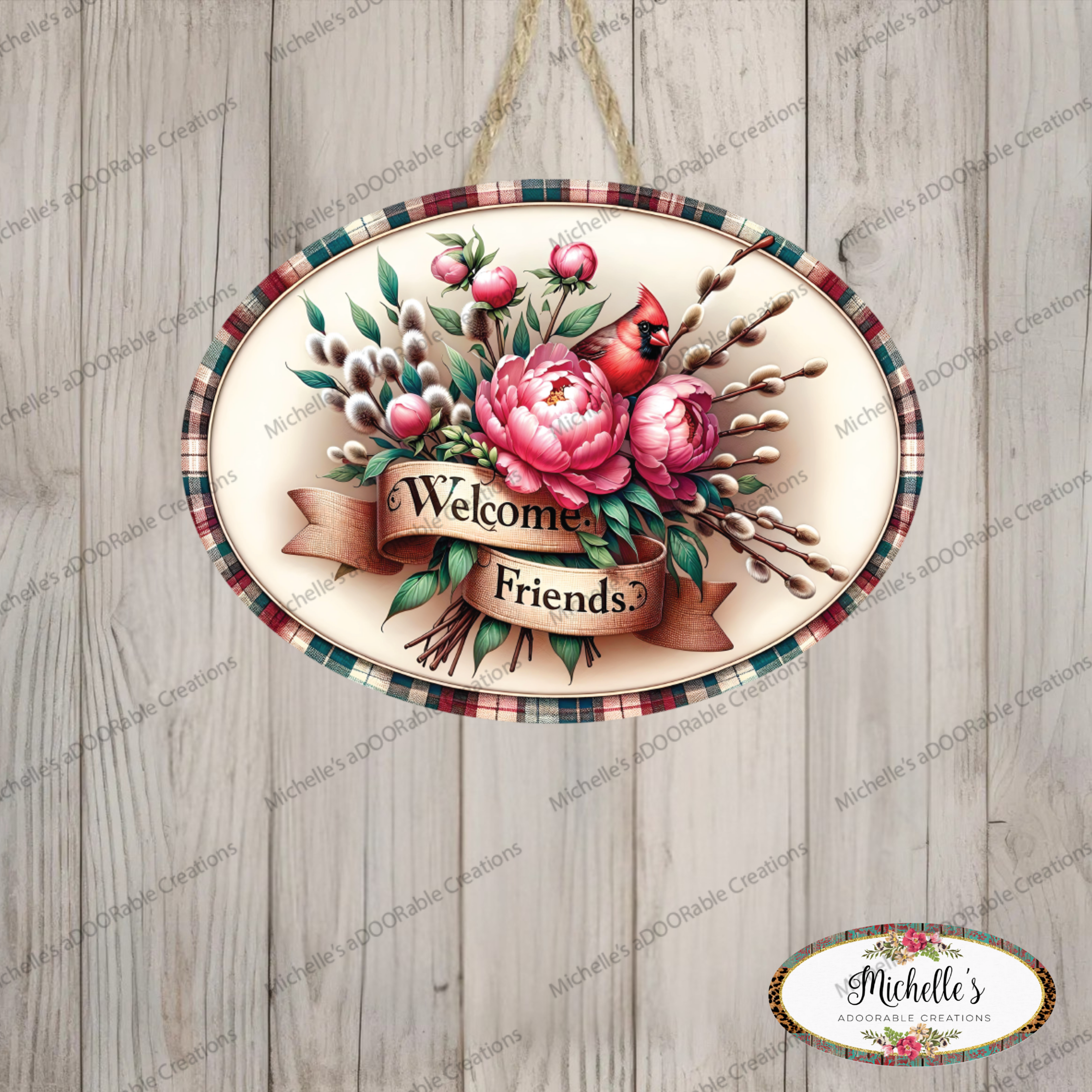 Shop For Welcome Friends Cardinal Peonies Oval Sign