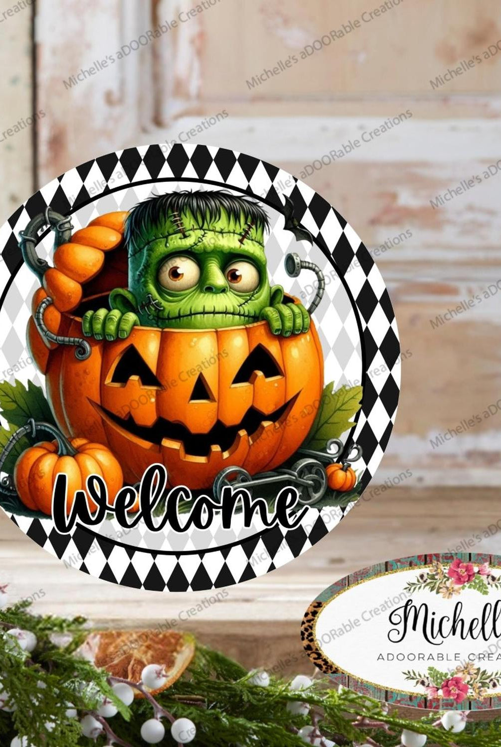 Welcome Halloween Frankenstein Pumpkin Sign