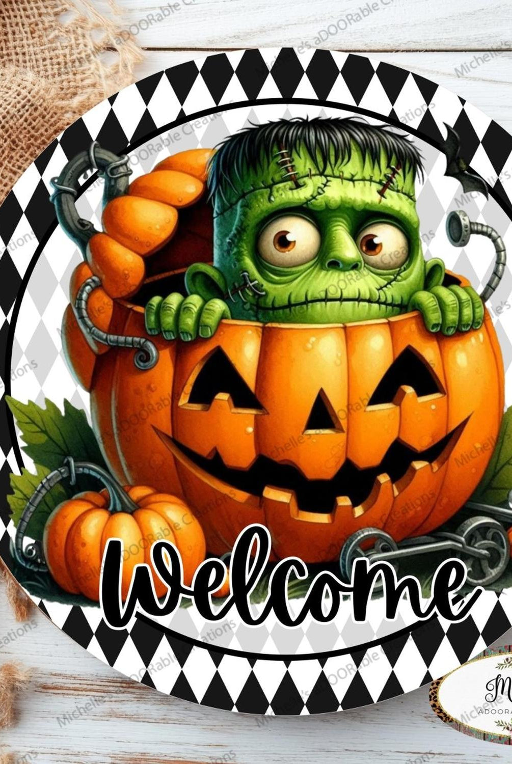 Welcome Halloween Frankenstein Pumpkin Sign