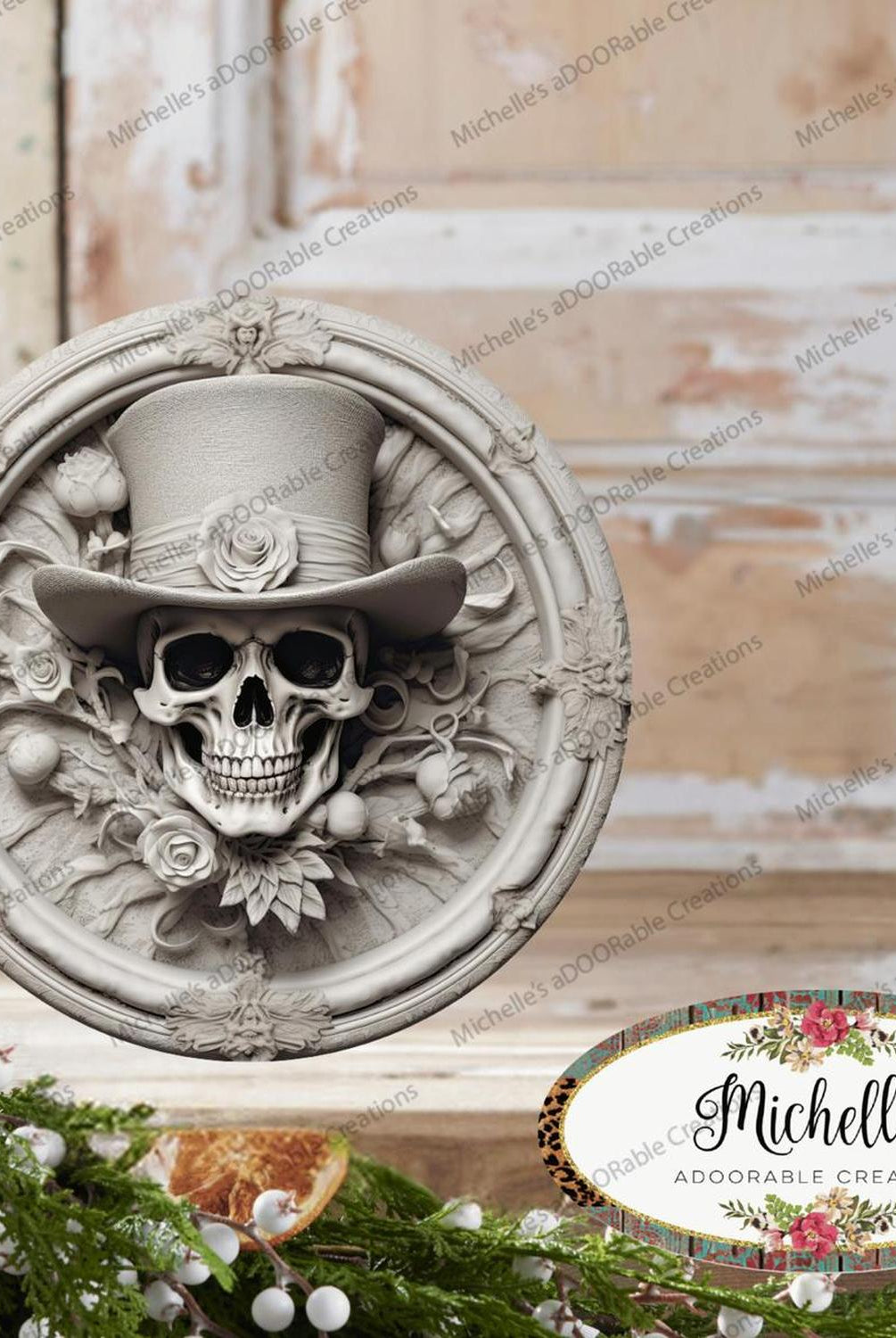 White Face Skull Top Hat Portrait Sign