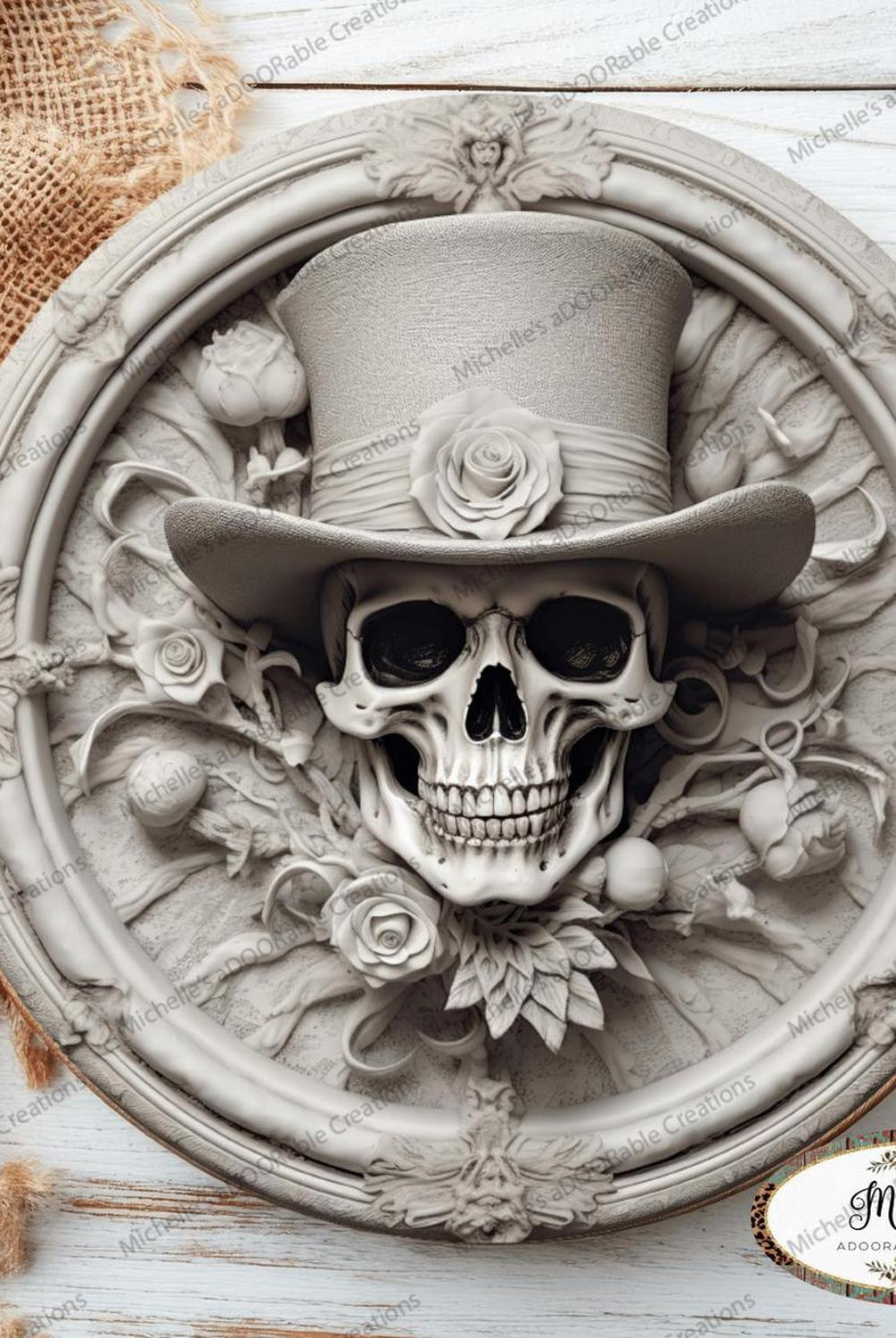 White Face Skull Top Hat Portrait Sign