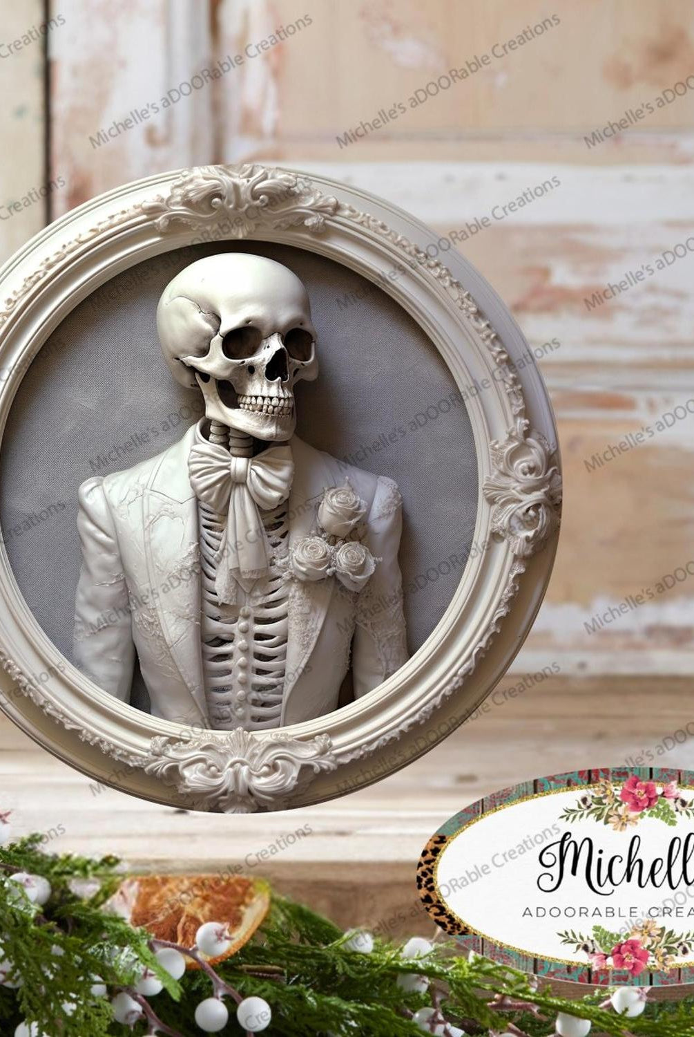 White Suit Skeleton Groom Portrait Sign