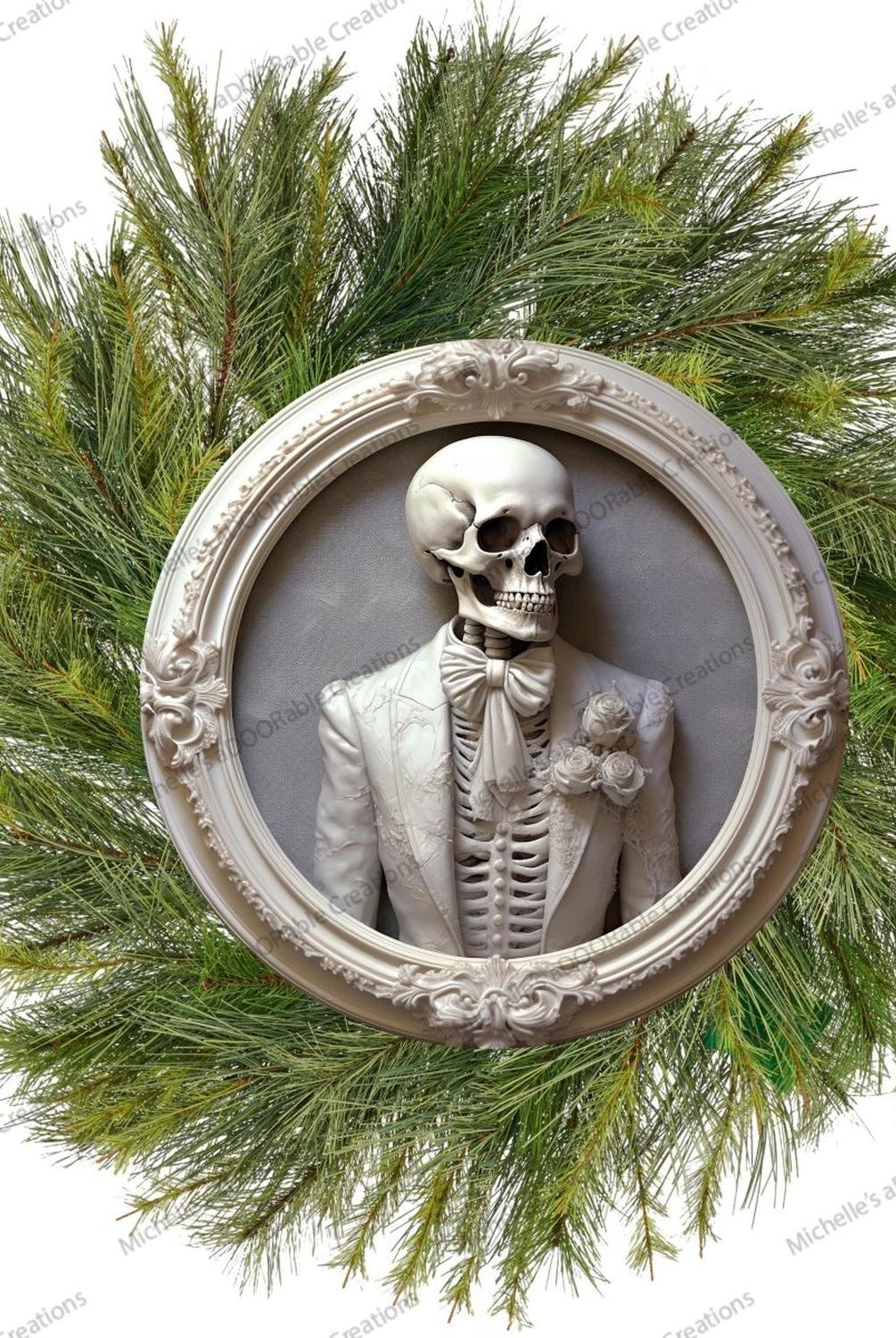 White Suit Skeleton Groom Portrait Sign