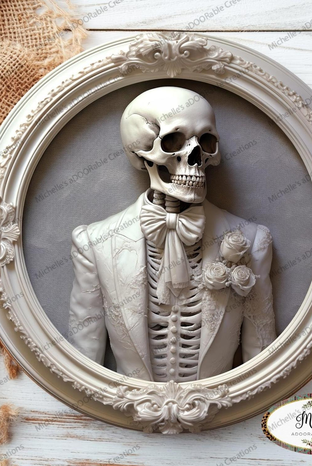 White Suit Skeleton Groom Portrait Sign