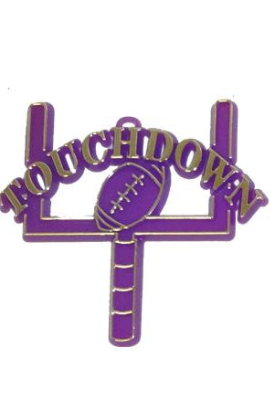 Two-inch purple and gold football goalpost charm with a football icon and Touchdown text for homecoming mum crafts.