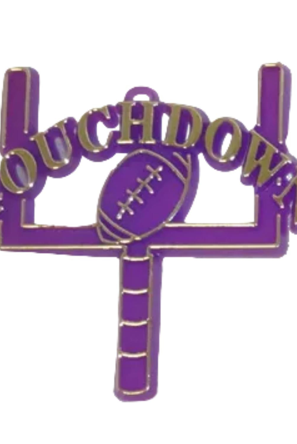 Two-inch purple and gold touchdown charm featuring a football goalpost design, perfect for homecoming mums and crafts.