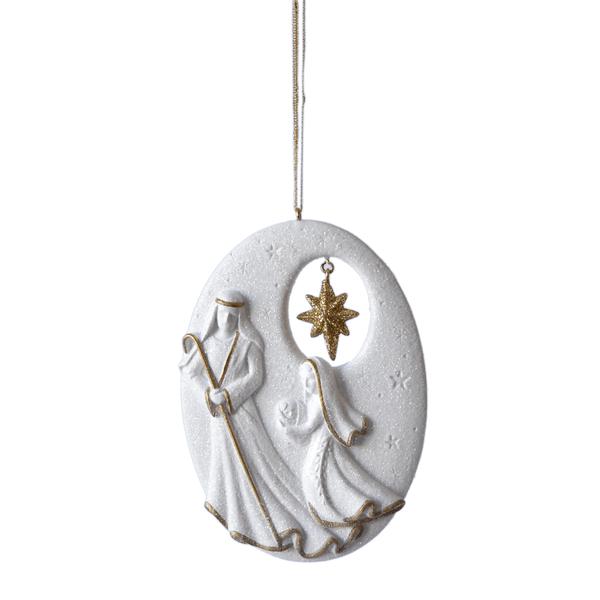 Oval white resin Holy Family ornament with gold accents and a sparkling hanging star, 5 inches tall.