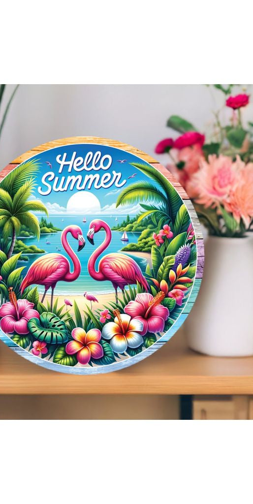 Hello Summer Tropical Flamingo Round Sign - Michelle's aDOORable Creations - Signature Signs