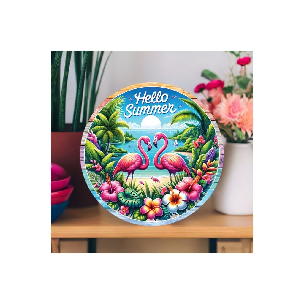 Shop For Hello Summer Tropical Flamingo Round Sign at Michelle's aDOORable Creations