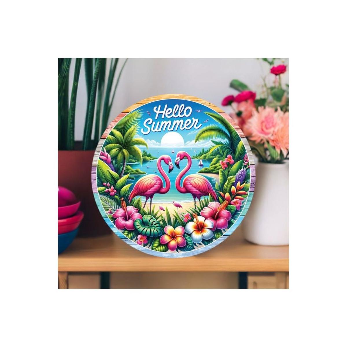 Shop For Hello Summer Tropical Flamingo Round Sign at Michelle's aDOORable Creations