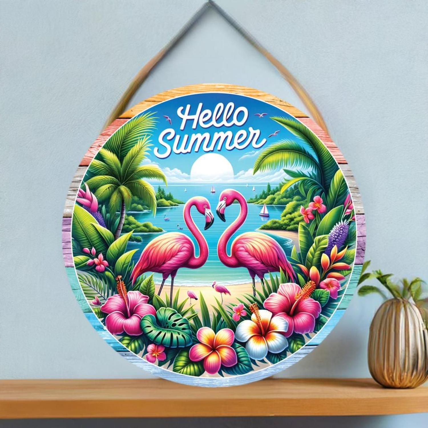 Shop For Hello Summer Tropical Flamingo Round Sign at Michelle's aDOORable Creations