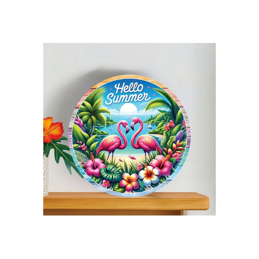Shop For Hello Summer Tropical Flamingo Round Sign at Michelle's aDOORable Creations