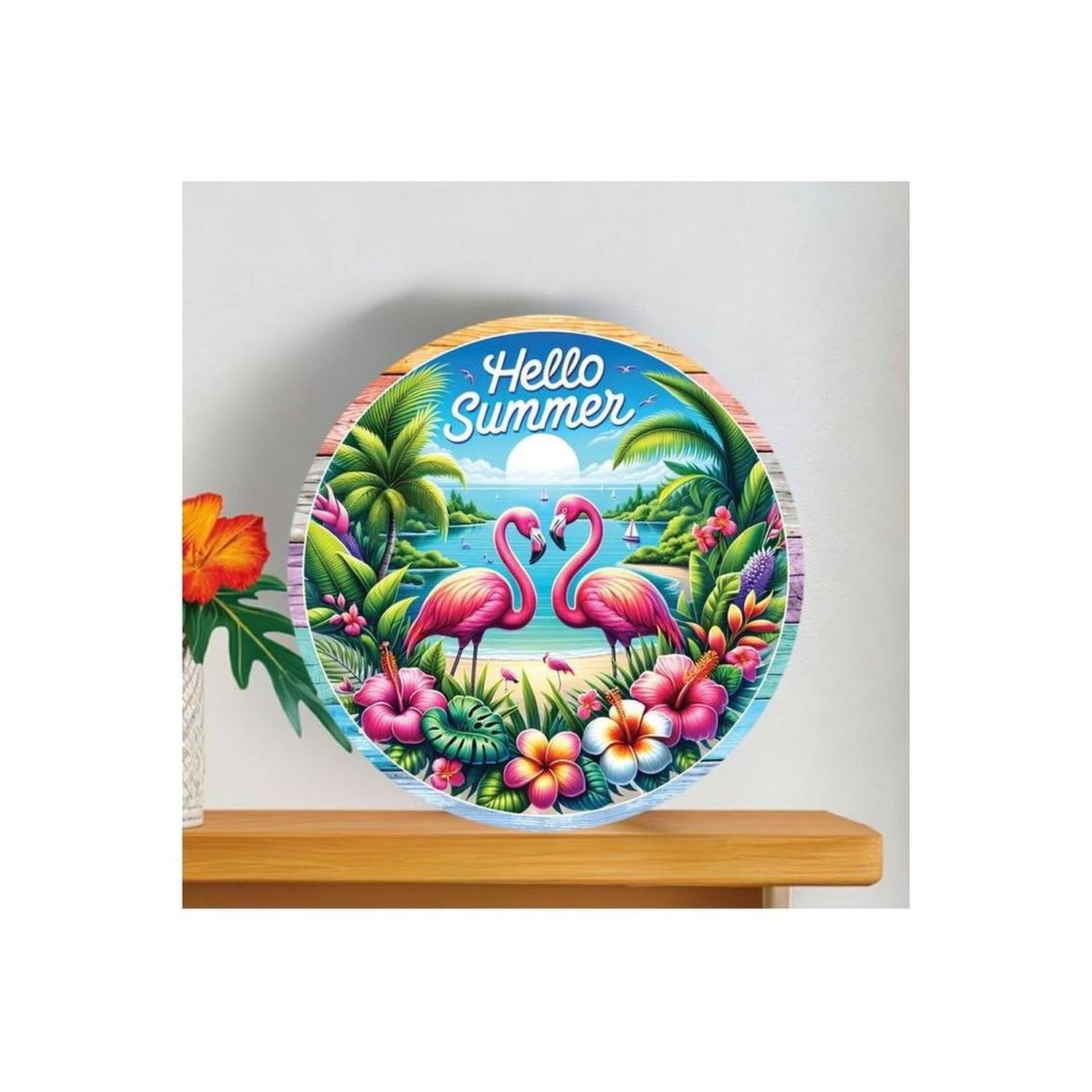 Shop For Hello Summer Tropical Flamingo Round Sign at Michelle's aDOORable Creations