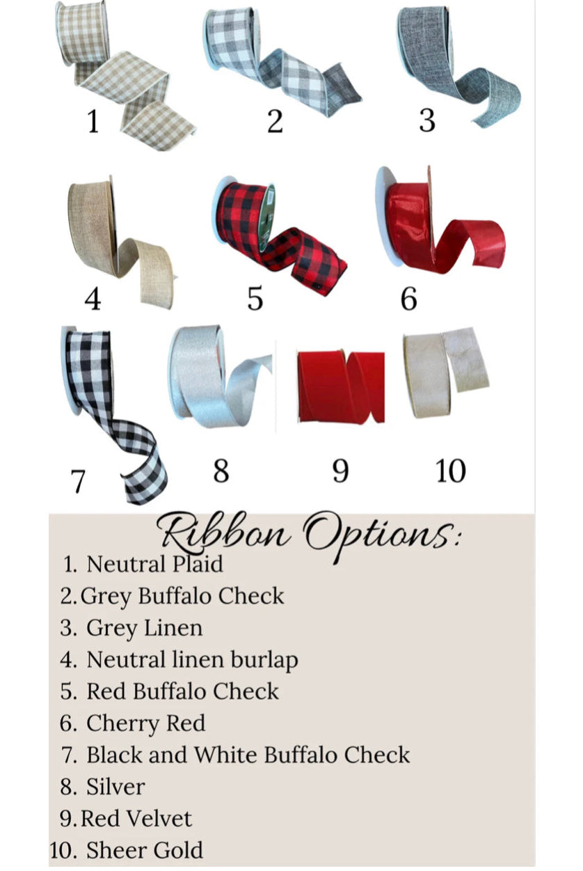Ten ribbon options for mini Christmas wreaths, including plaid, buffalo check, linen, velvet, and metallic styles.