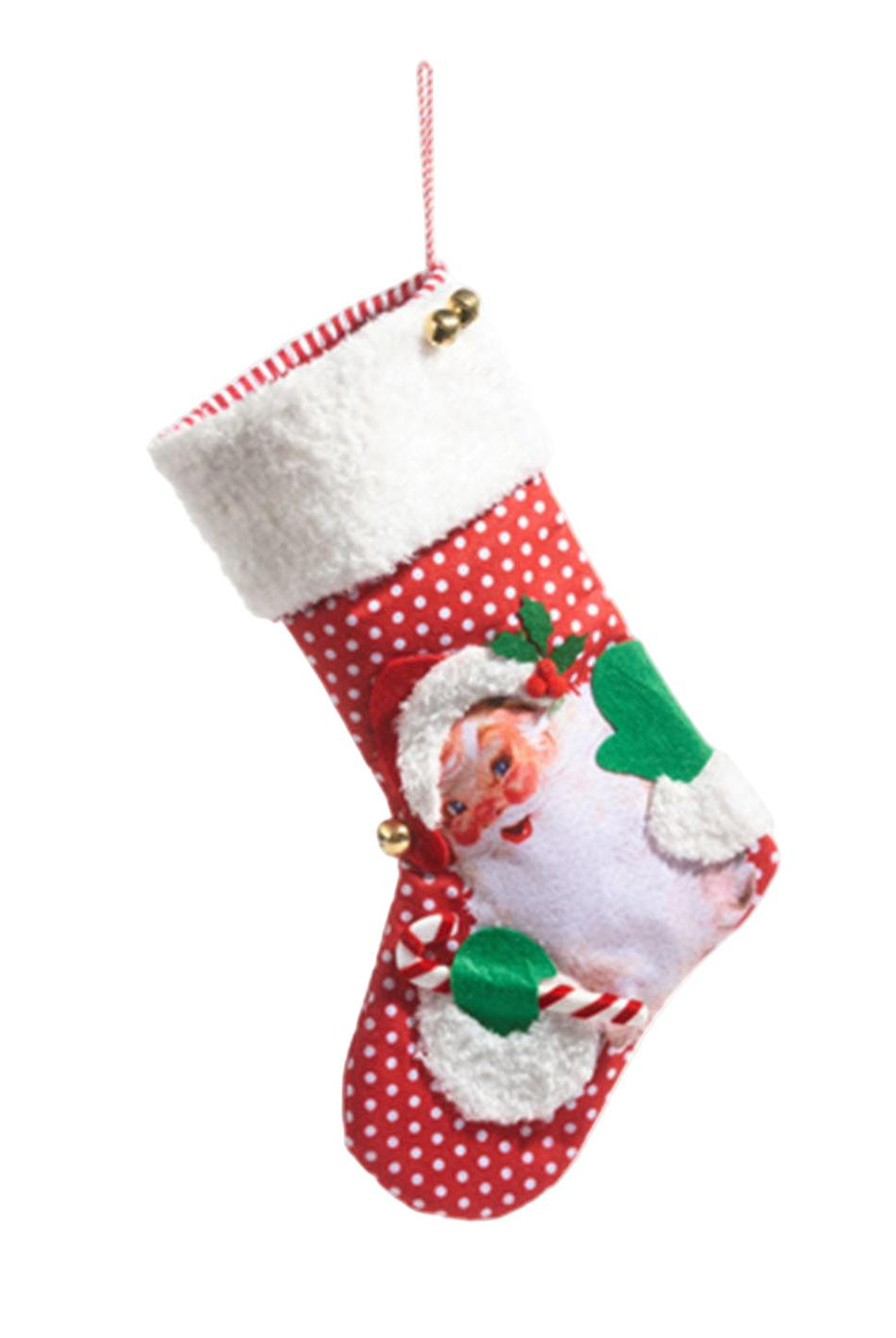 19-inch red and white polka dot polyester Christmas stocking featuring a vintage Santa Claus design and plush cuff.