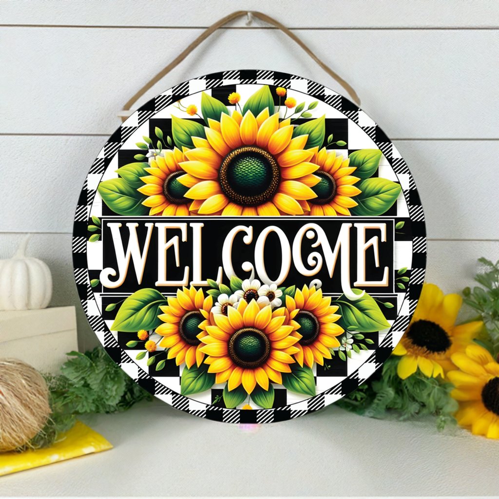 Shop For Welcome Black Check Sunflower Round Sign at Michelle's aDOORable Creations